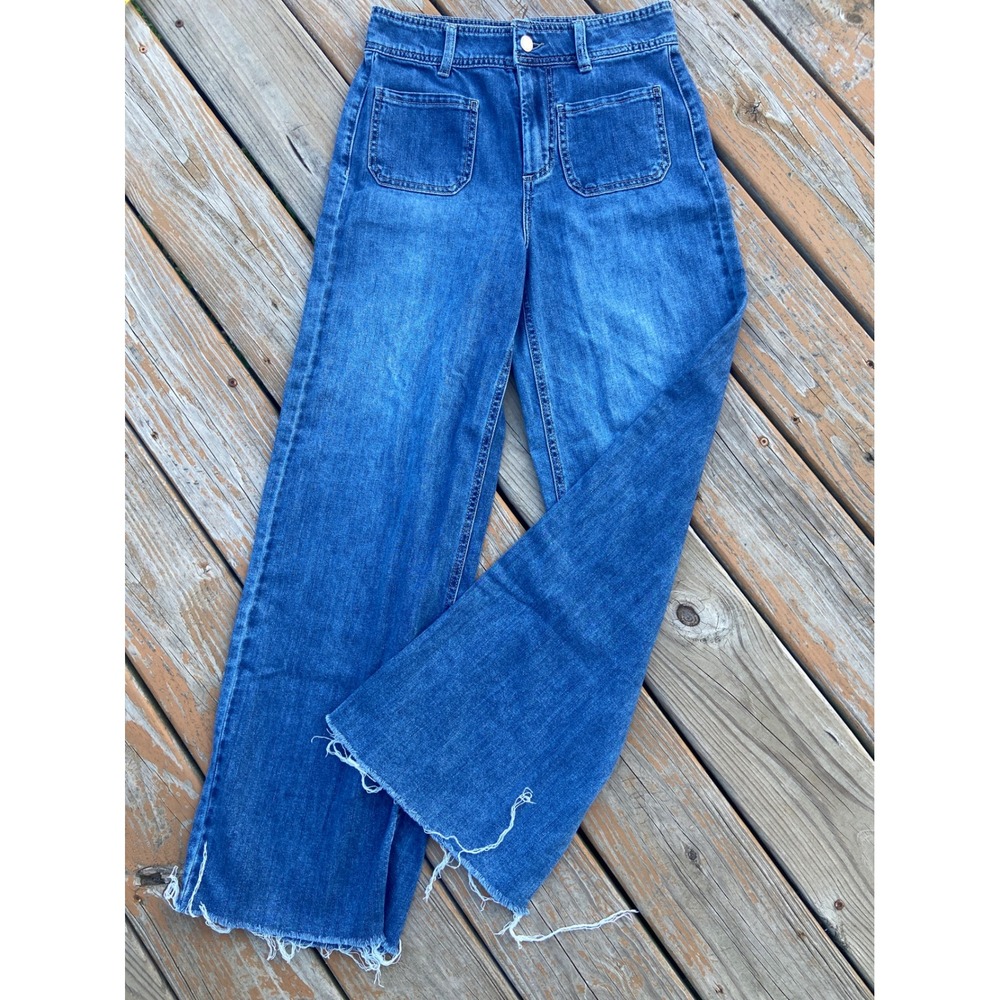 OAT New York Cloud Luxe Denim Wide Leg Raw Hem Jeans Blue Wash 4/27 High Rise